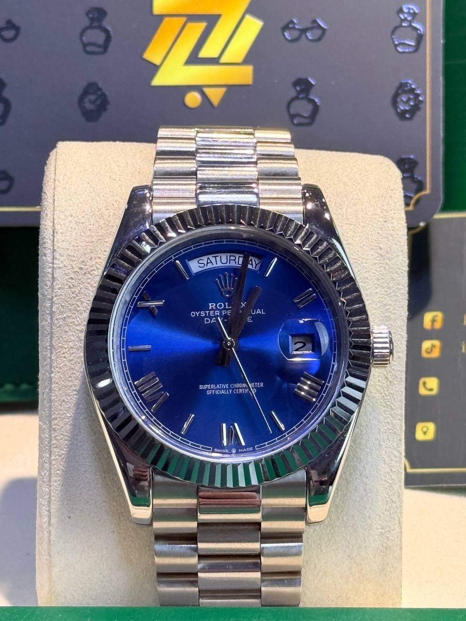 ROLEX DAY DATE WITH GOLD PRESIDENT BRACELET WITH A BLUE SUNBURST DIAL - Image 2